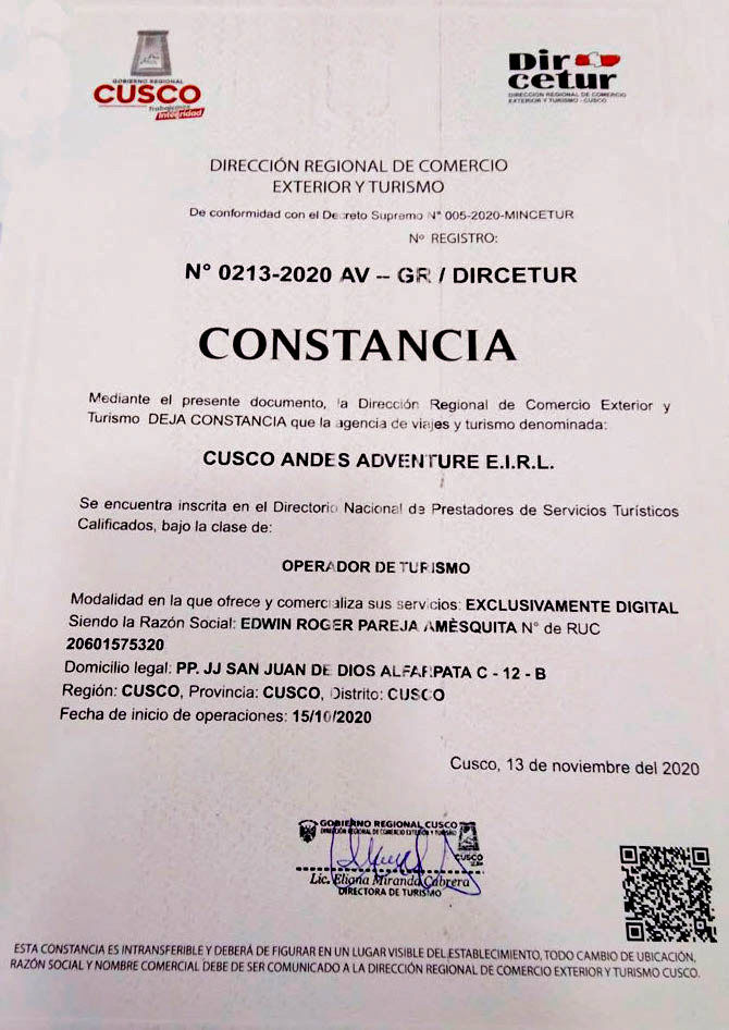 Certificada Cusco Andes Adventure